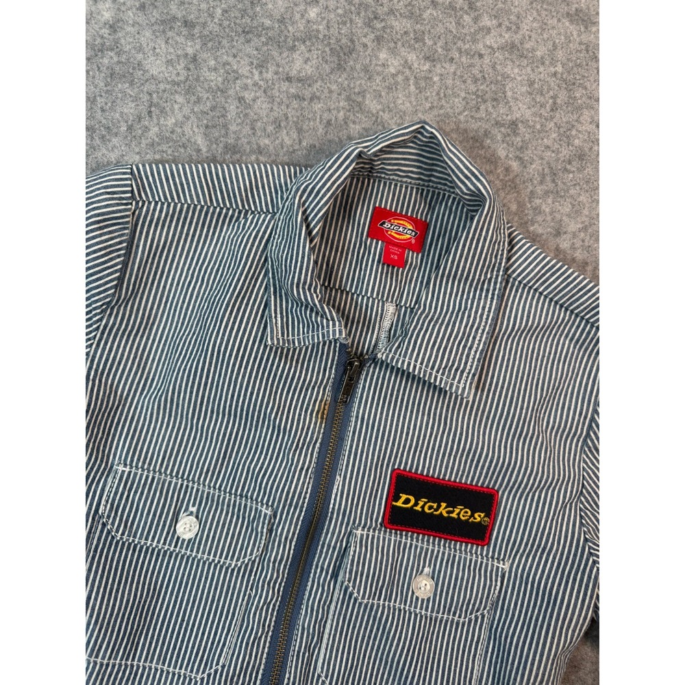 Dickies Girl Hickory Stripe Cropped Zip Up Work Shirt Blue White XS J3081RR